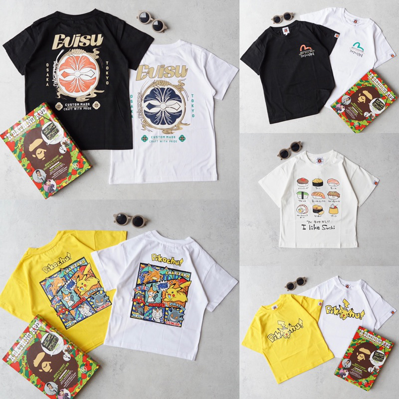 BAPE: Pikachu, Sushi, Evisu Kids, Teens, Adult Tee | size 4-10y SM | pakaian baju kaos anak dan dewa
