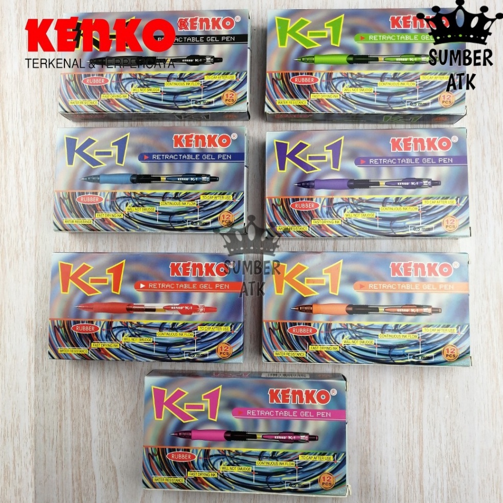 

Pena Pulpen KENKO GEL PEN K1 Retractable LUSIN 12 PCS Hitam Biru Merah Pink Hijau ungu orange n U5T5
