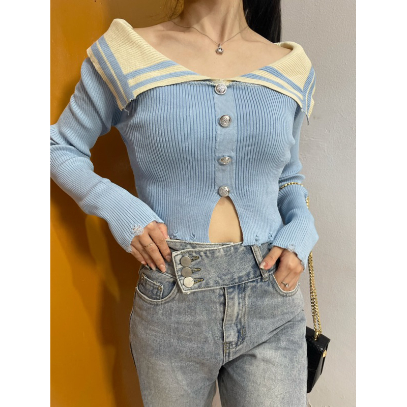 [ YENLIKA ] - TERISYA Knit Top | Long Sleeve Top | Atasan Crop Sabrina Lengan Panjang Korea Long Sle