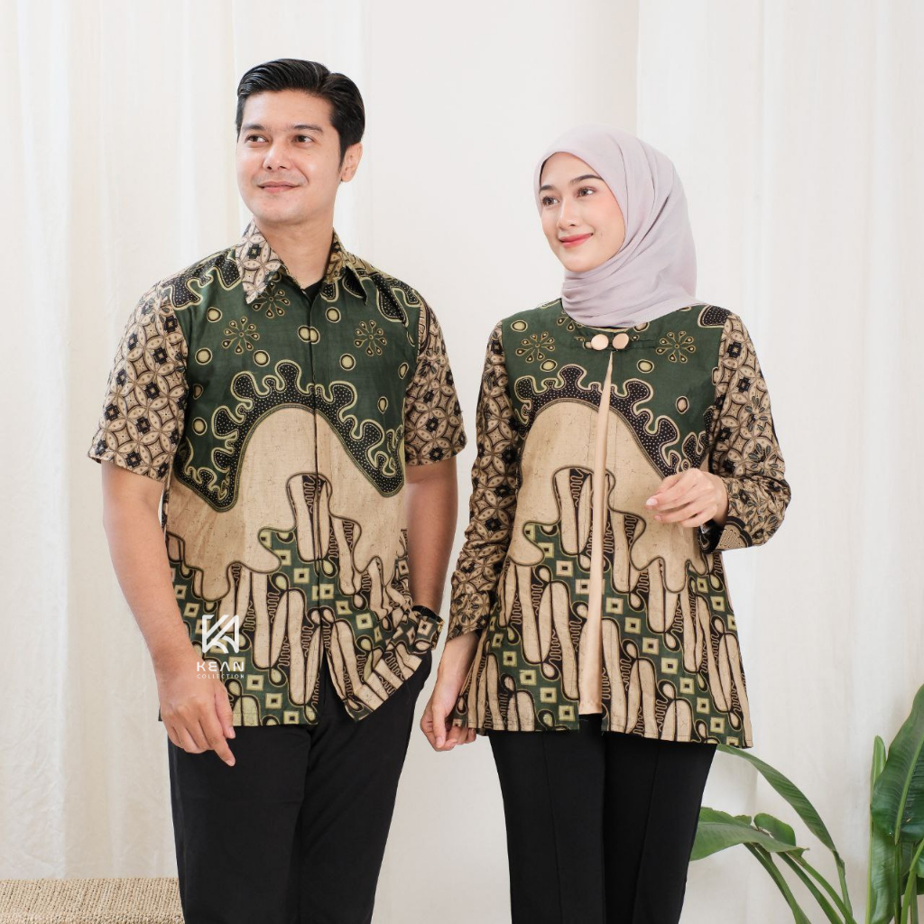 KEAN - Baju Batik Couple Pasangan Kondangan Kekinian Kemeja Dan Blouse Motif Kawung Jumputan Solo