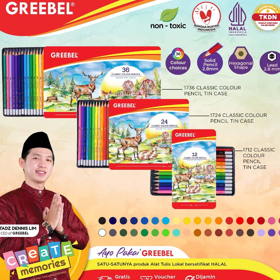 

GREEBEL Pensil Warna CLASSIC TIN CASE ColoringColorColour Pencils Cerah tidak beracun utk mewarnai anak v JG7