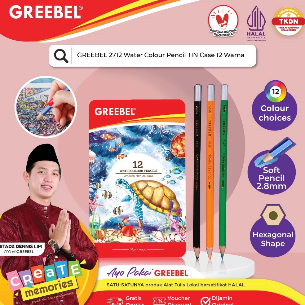 

GREEBEL Pensil Warna WATERCOLOR 2712 TIN CASE ISI 12 ColoringColorColour Pencils Cerah tidak beracun utk mewarnai anak r F7A2