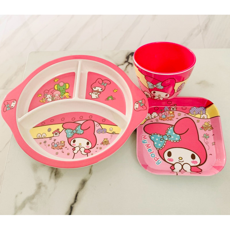 paket 3in1 piring melamin set karakter twins star melody pink mangkok bowl melamine anak