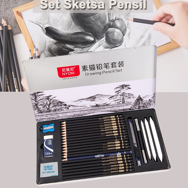 

KODE R74A Set 29pcs Lukis Sketsa Lengkap Paket Drawing Pencil Gambar Metal Tin Box Pensil Gambar