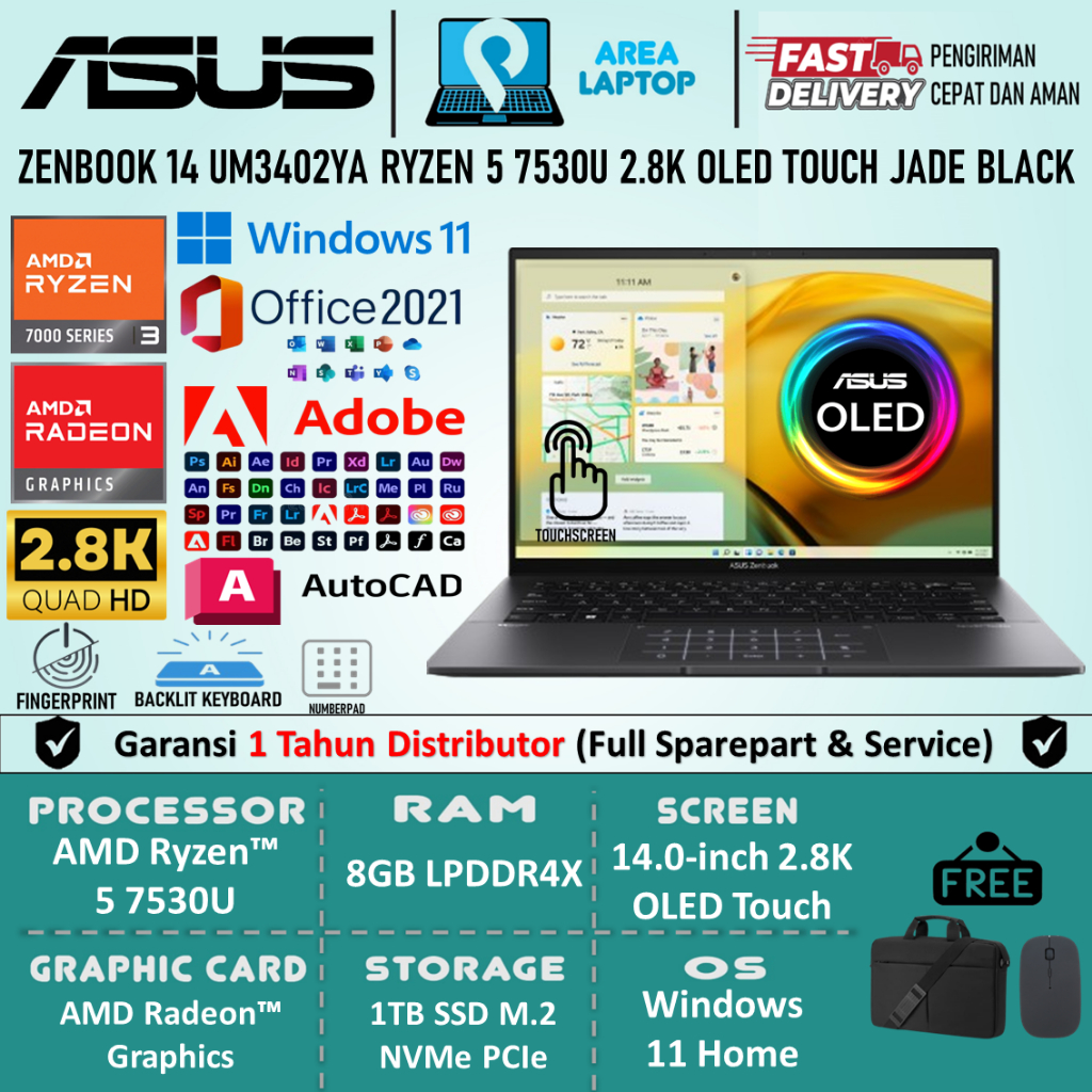 Laptop Asus Zenbook 14 UM3402YA Amd Ryzen 5 7530U 8GB DDR5 1TB SSD 2.8K OLED TOUCHSREN Win11
