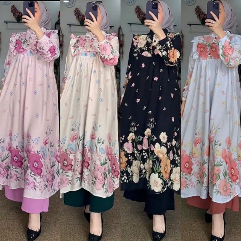 YOLA SET LONG TUNIK, SETELAN TUNIK HIJAB, GAMIS KONDANGAN MEWAH, GAMIS TUNIK MOTIF BUNGA, GAMIS RAYO