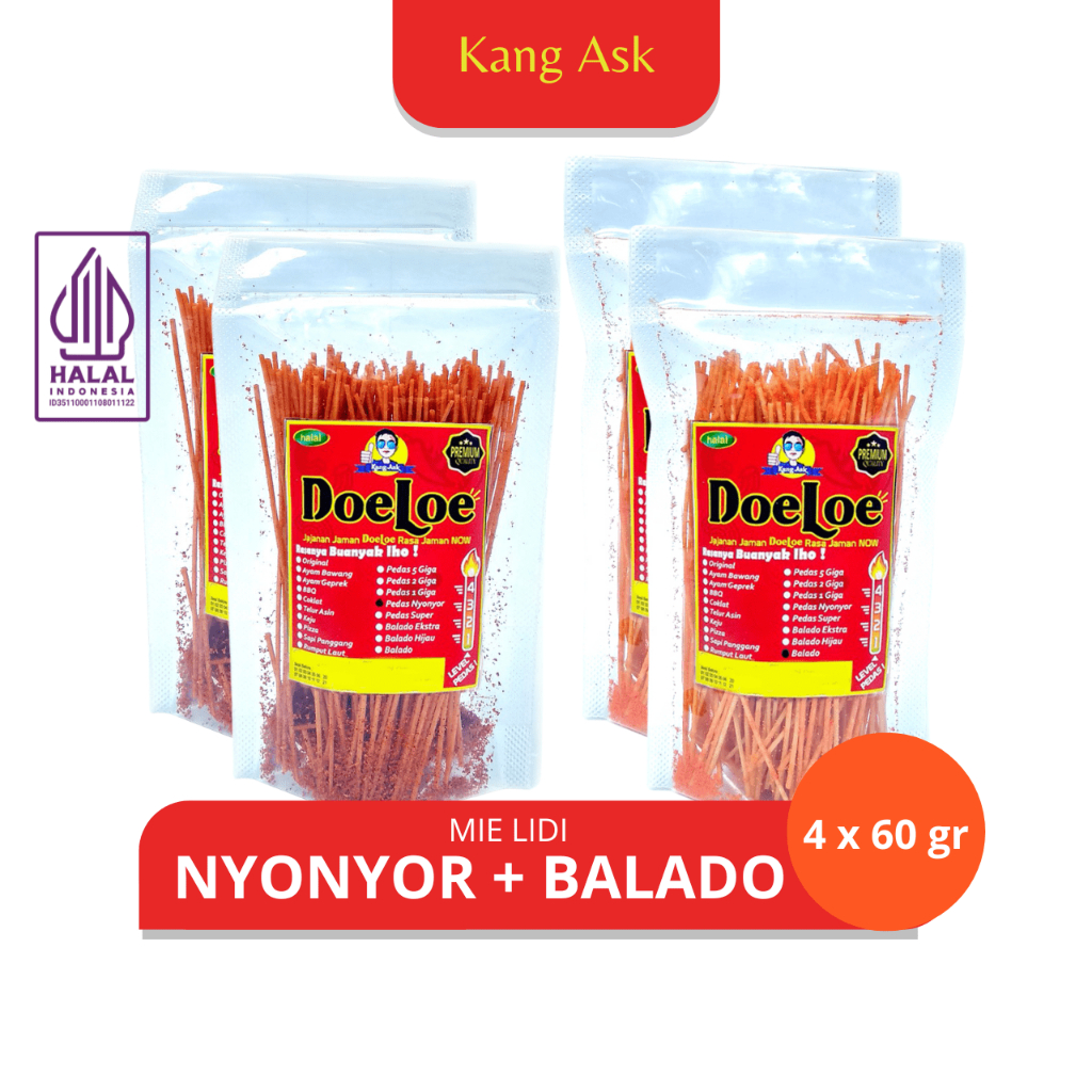 

(PAKET HEMAT 4) Doeloe Mie Lidi Rasa Pedas Nyonyor - 60gr x2 & Rasa Balado - 60gr x2 Snack KangAsk