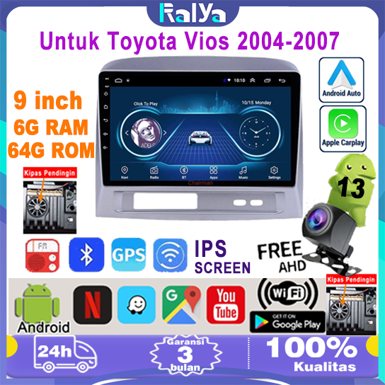 ⚡Kamera Gratis⚡6G+64G  9 Inch  Android 13  Mobil Navigasi Head Unit Untuk Toyota Vios 2004-2007  Den
