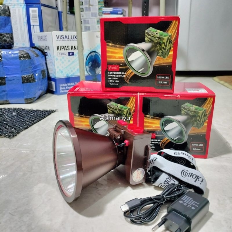 senter kepala 200 watt LED laser planar 95mm aoki ak-S200 baterai 7800mAh tahan hingga 15 jam 3 mode