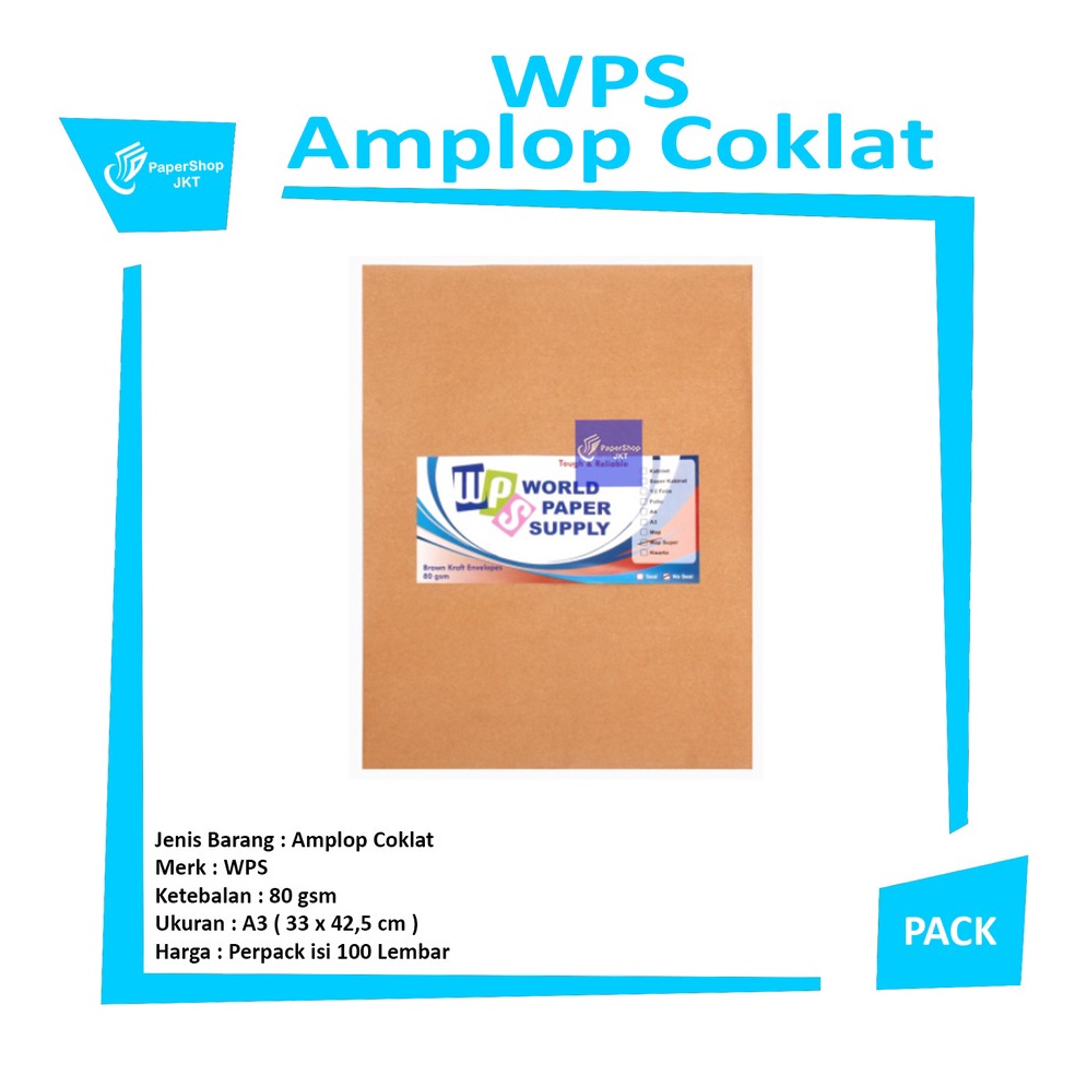 

WPS Amplop Coklat Ukuran A3 33 x 425 cm 1 Pack h J5M8