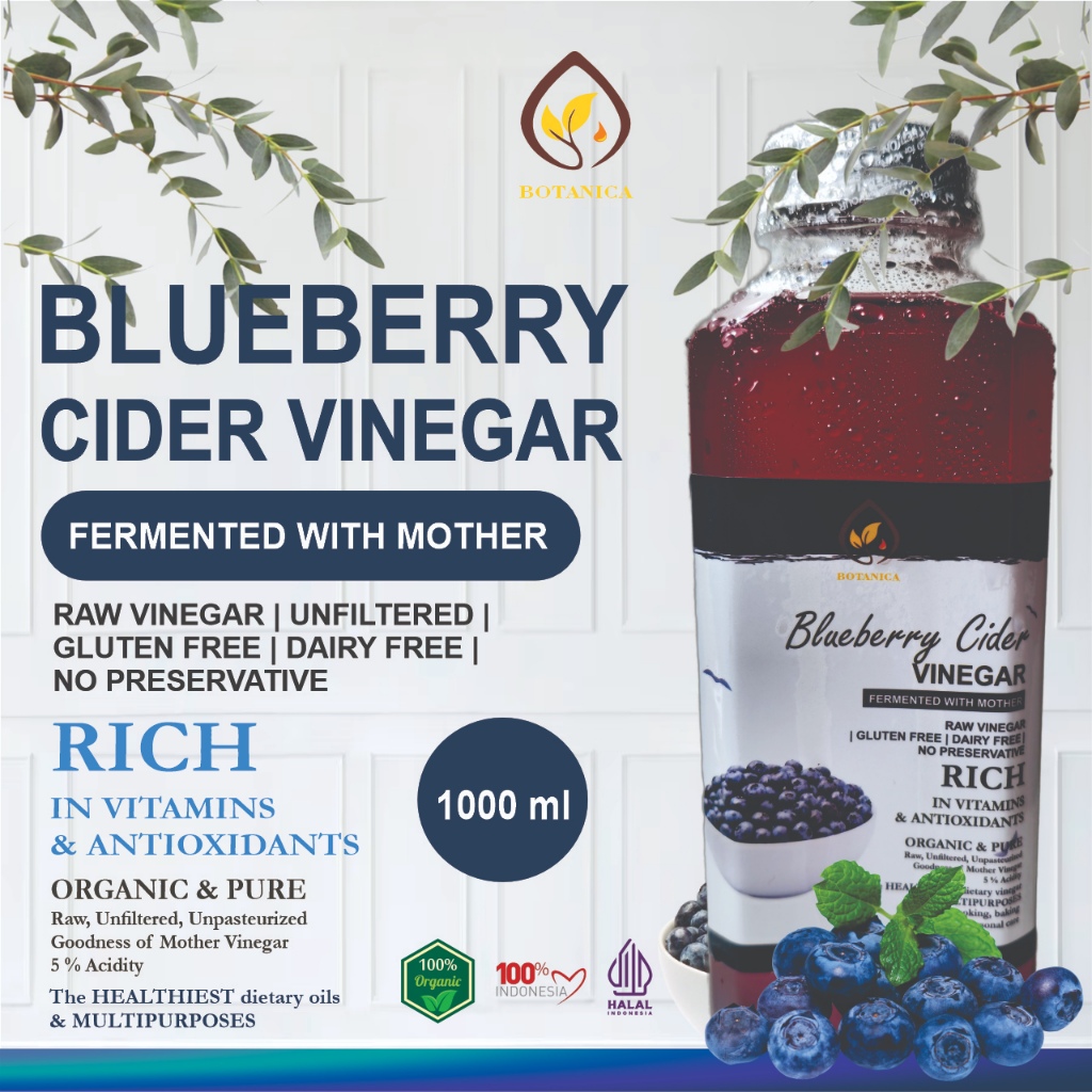 

Botanica Cuka Blueberry 1 Liter dengan Endapan Mother Fermentasi Probiotik / Blueberry Cider Vinegar