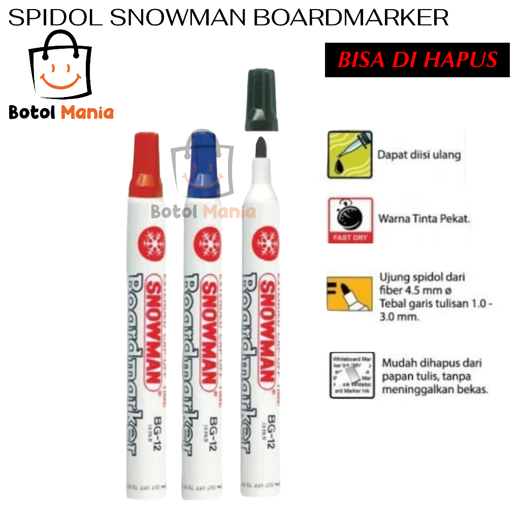 

BM - ATK003 SPIDOL SNOWMAN WHITE BOARD MARKER BG-12 / BOARDMARKER SNOWMAN HITAM BG-12 / WHITEBOARD SPIDOL PAPAN TULIS BISA DI HAPUS
