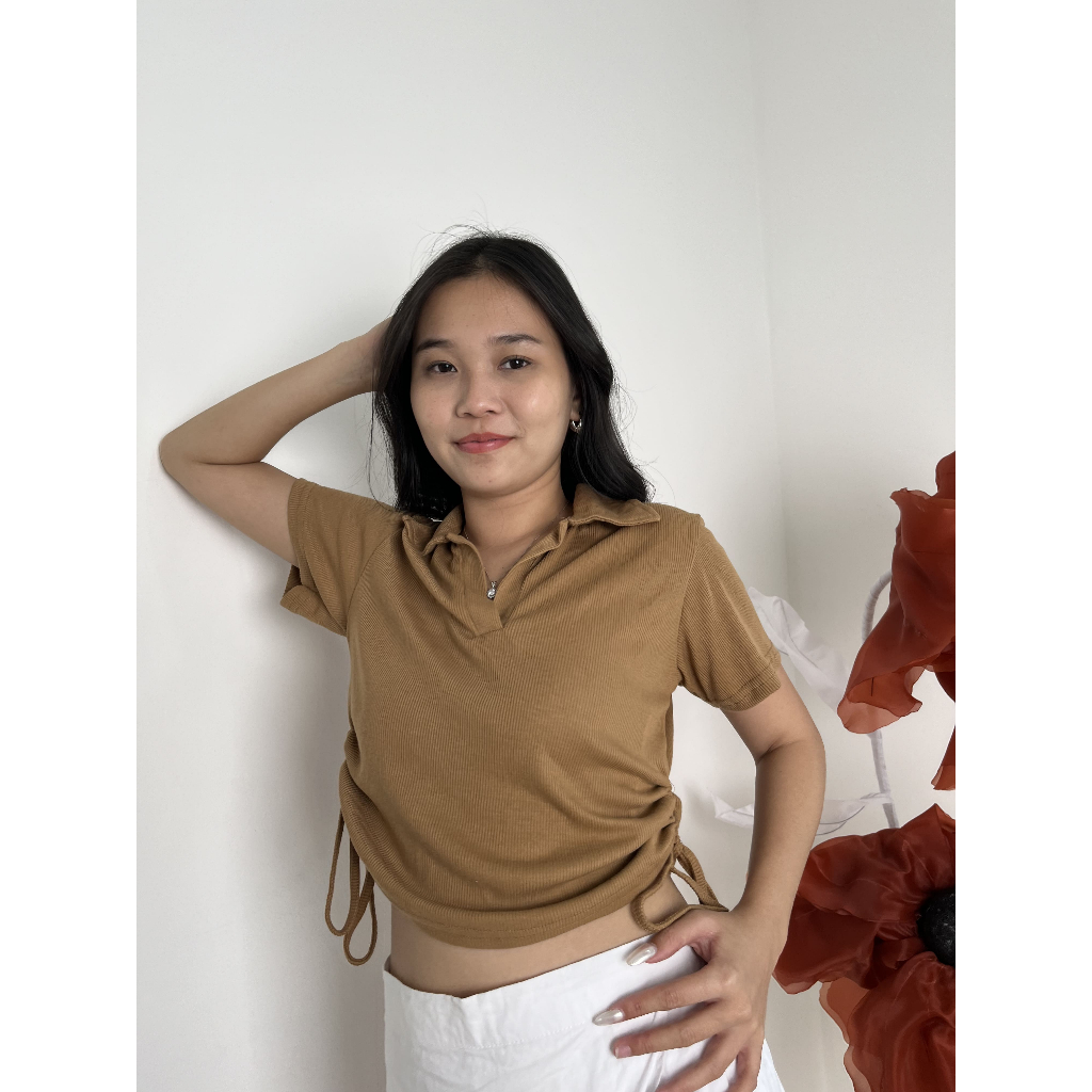 [Lolabae] ANGEL Baju Atasan Wanita | Crop Top Basic | Kaos Polo Berkerah Rib Polos | Knit Top Wangki