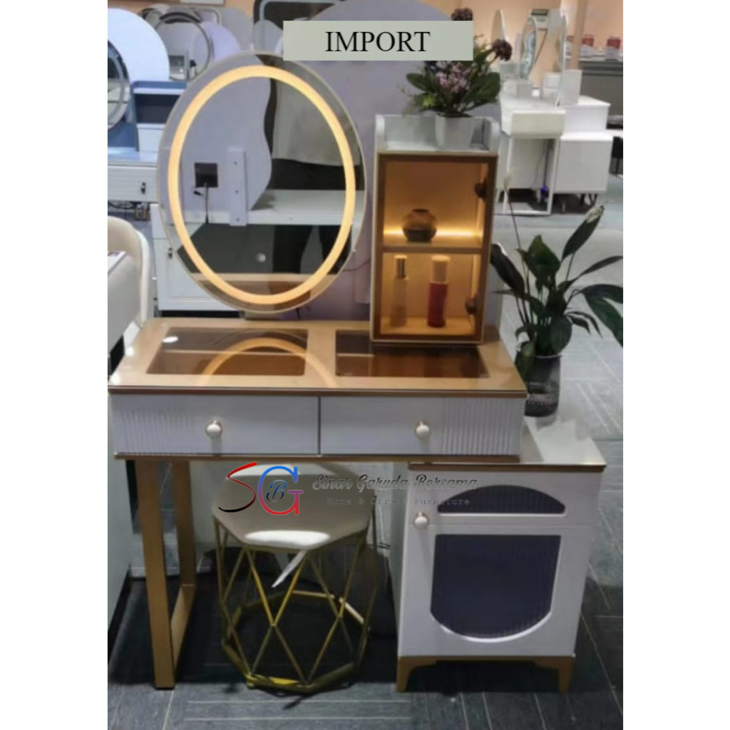 MEJA RIAS KACA BULAT WARNA PUTIH LAMPU LED + LACI + RAK + RUANG PENYIMPANAN / MEJA RIAS + PUFF DUDUK