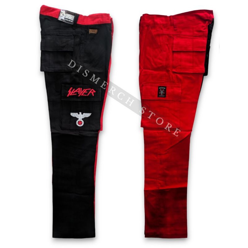 Prapatan Rebel | Celana Panjang Cargo Alpin Size XL Hitam Merah Bordir Metal Slayer