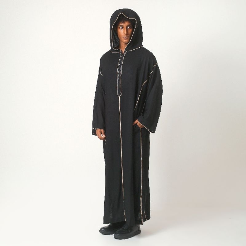 Baju Umroh Gamis Hoodie Djellaba Maroko Jalabah Jubah Kapucong Maroko Pria Linen Premium Hitam