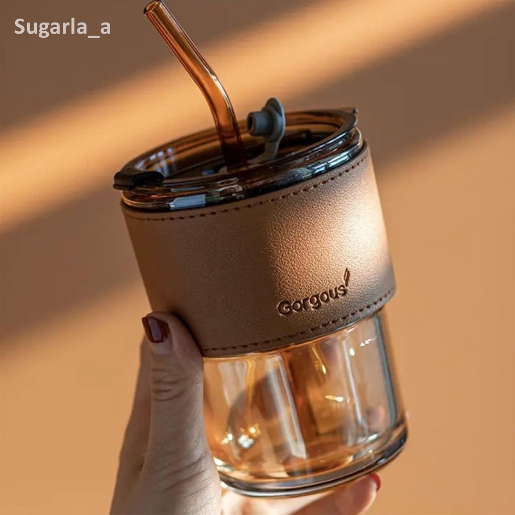 TUMBLER GELAS KACA AESTHETIC BOTTLE CUP dengan Pegangan Holder Kulit | Kotak Suvenir Cantik