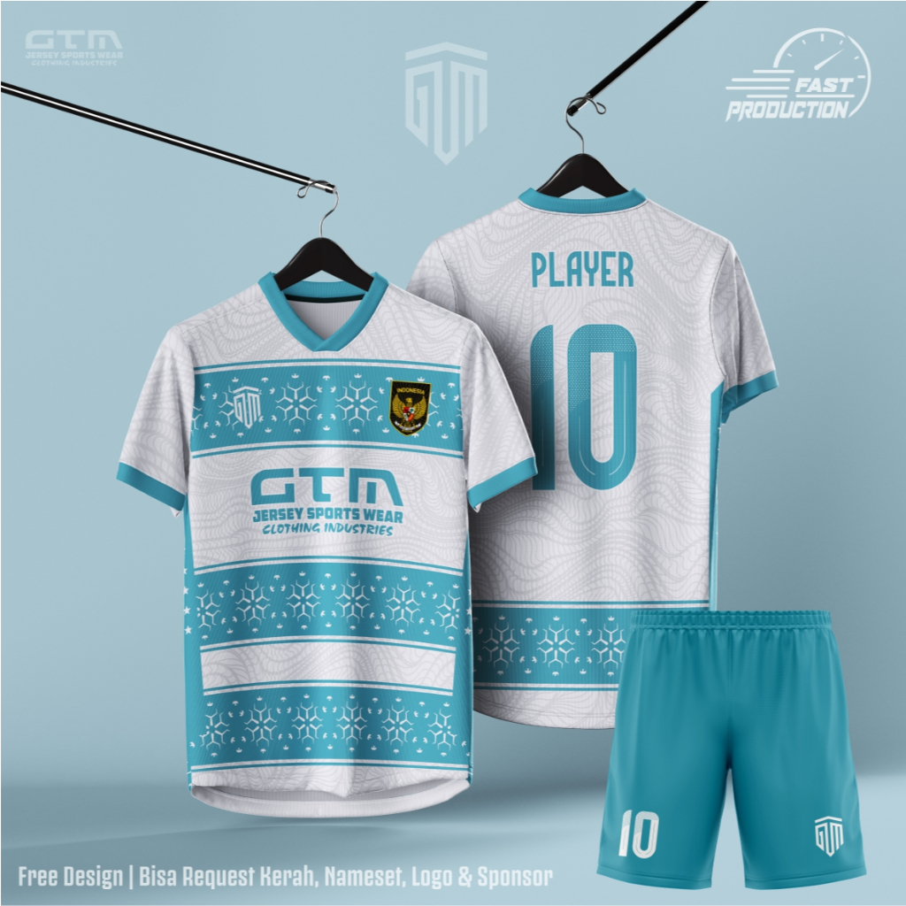 Jersey Bola Futsal Printing Putih Biru Langit Kerah Vneck ~ Free Custom Design