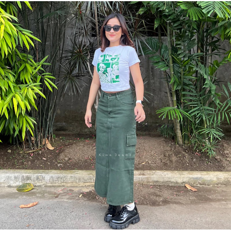 KINSH - ROK CARGO JEANS ARMY / CELANA DENIM WANITA HIGHWAIST SKRIT GREEN / ROK JEANS HIJAU LUMUT / R