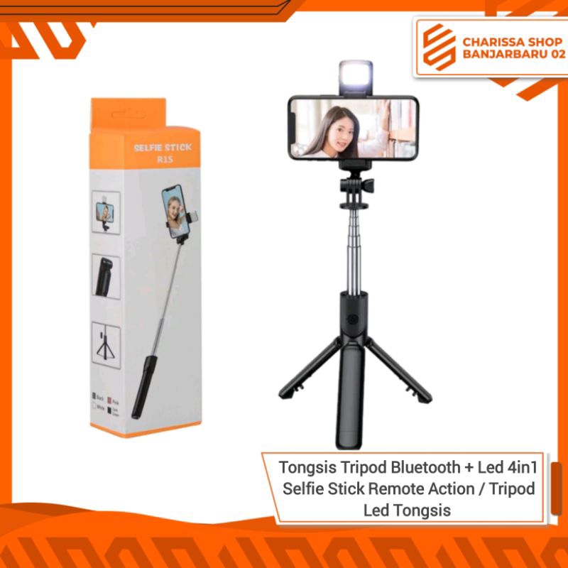 Tongsis Tripod Bluetooth + Led 4in1 Selfie Stick Remote Action / Tripod Led Tongsis / Tripod Tongsis