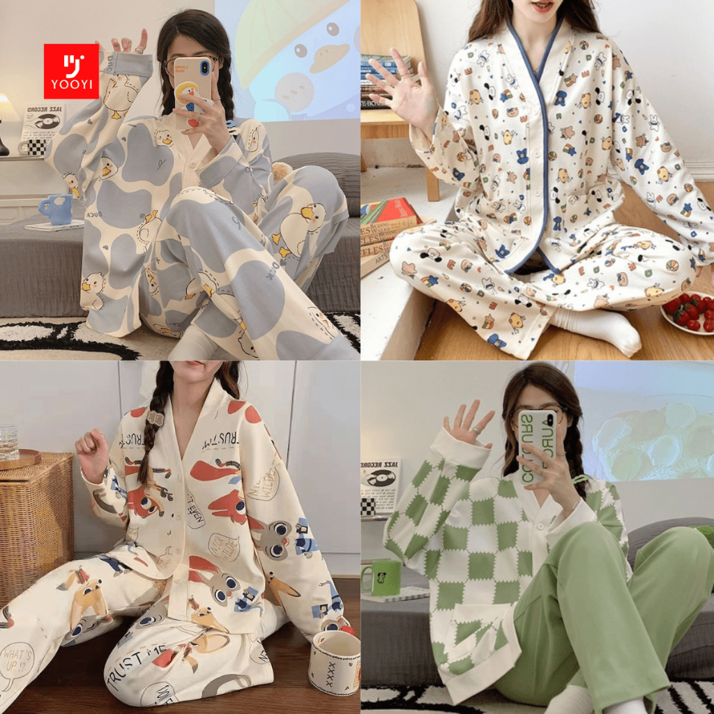 Yooyi Baju Tidur Wanita Piyama Dewasa Setelan Cewek Set Kemeja Lengan Panjang Celana Panjang Style K
