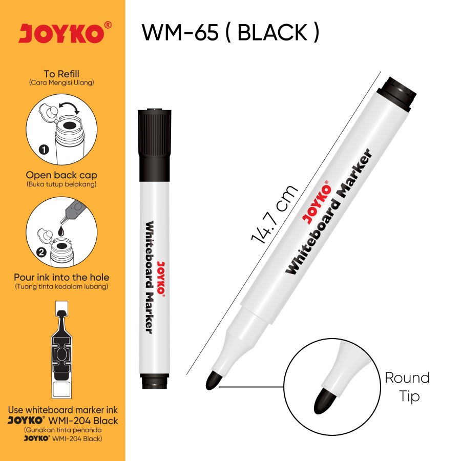 

Spidol Whiteboard Marker Joyko Refillable WM-65 / Spidol Hitam (PCS)