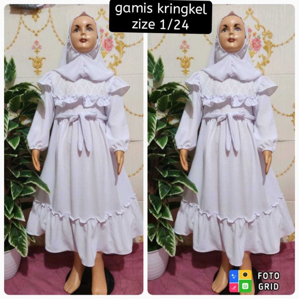 GAMIS PUTIH PUTIH ANAK BAHAN KRINGKEL