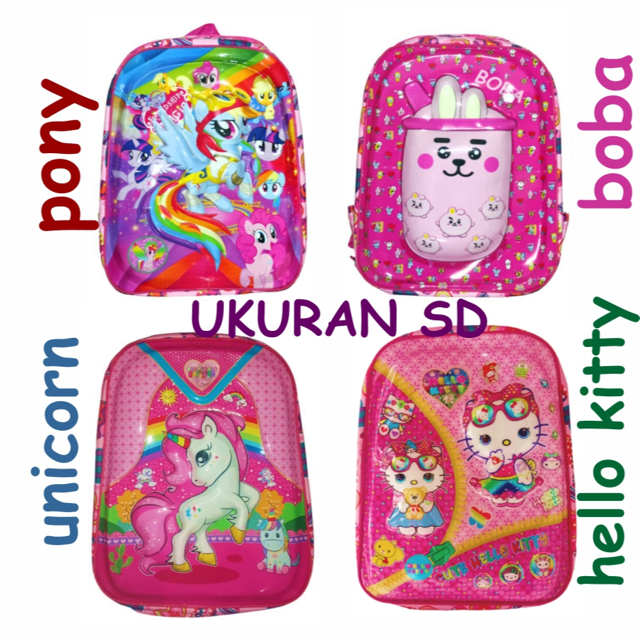 Tas Ransel Anak Perempuan SD TIMBUL 3D Lampu LED HELLO KITTY Boba kuda Pony Unicorn