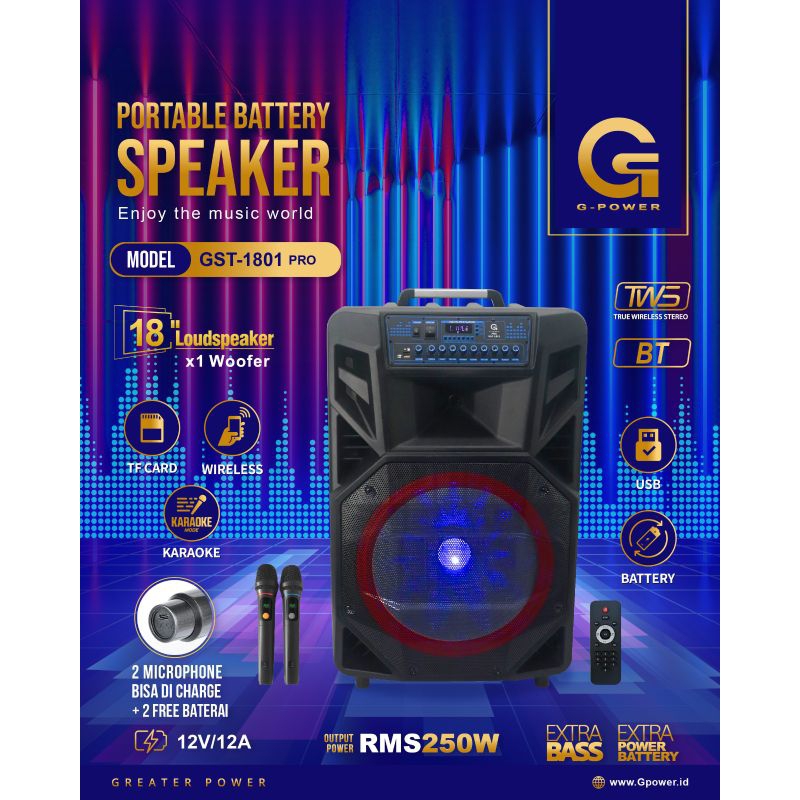 SPEAKER AKTIF BLUETOOTH PORTABLE G-POWER GST-1801 UKURAN 18 INCH