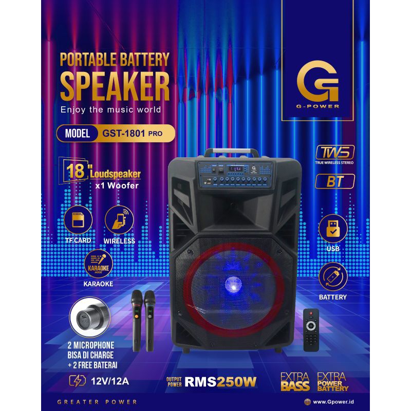 G-POWER SPEAKER AKTIF BLUETOOTH PORTABLE 18" INCH GST-1801 PRO/HARGA EKONOMIS(BEST SEALLER)