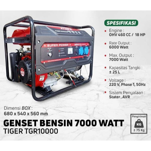 GENSET 7000 WATT TIGER TGR10000 GENERATOR SET BENSIN TGR-10000