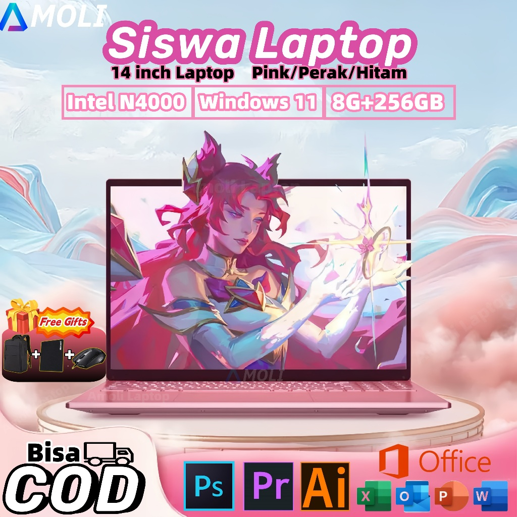 AMOLI【Laptop Siswa】2025 Laptop Baru Laptop Laptop 14 inch layar HD windows 11 Pink Silver Hitam Lapt