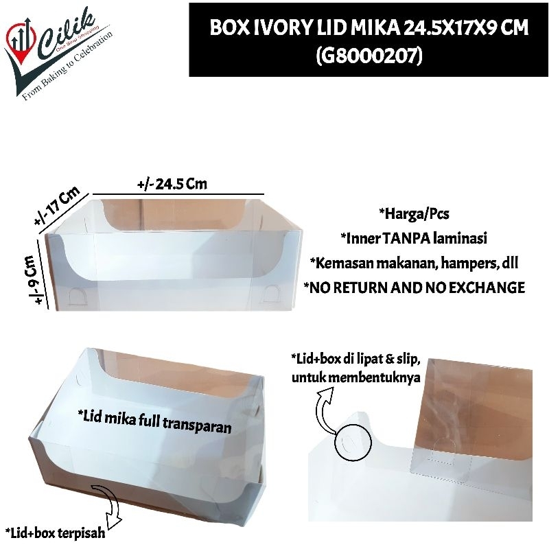 

box+kemasan+dus+packaging+ivory+putih+lid+tutup+mika+24.5x17x9 cm+kue+cake+bolu+dessert+snack+puding+donat+roti+kado+souvenir