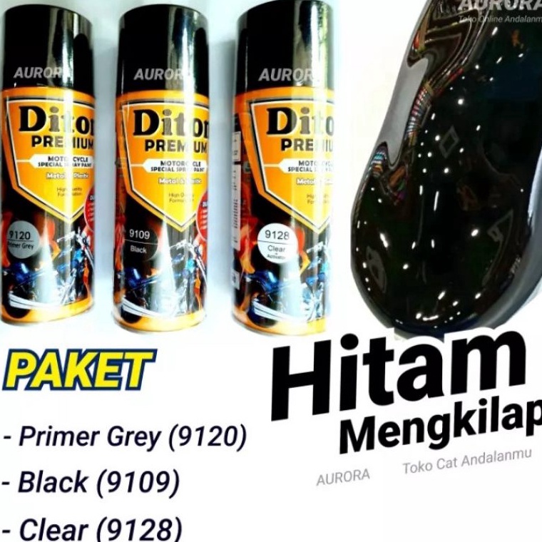 PAKET Diton Premium Black 919 Hitam Mengkilap termasuk Epoxy Primer dan Clear Gloss Cat Semprot Spra