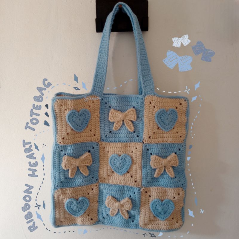 Ribbon Heart Totebag | Totebag Crochet Rajut (bisa custom warna) | crocna