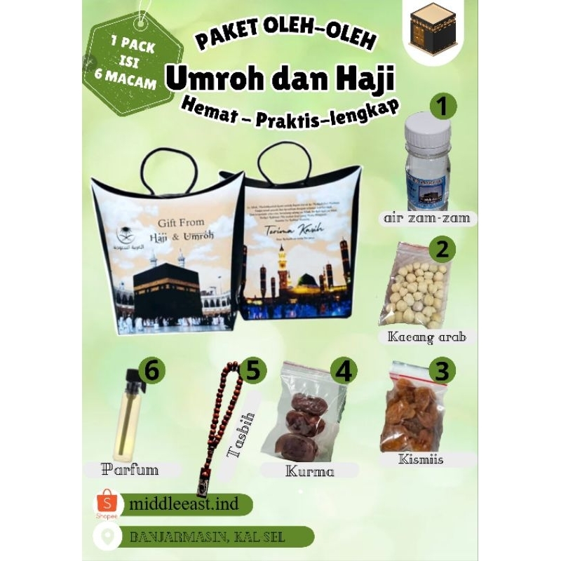 

oleh-oleh umroh dan haji murah hemat zam-zam, kismis, kurma, tasbih, parfum