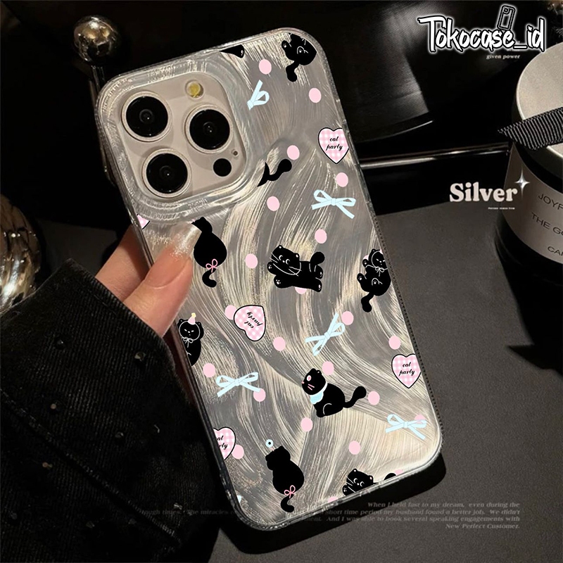RCI451 New Black Cat Party Aesthetic Silver Feather Hologram Case Iphone - Hardcase/Casing Hp