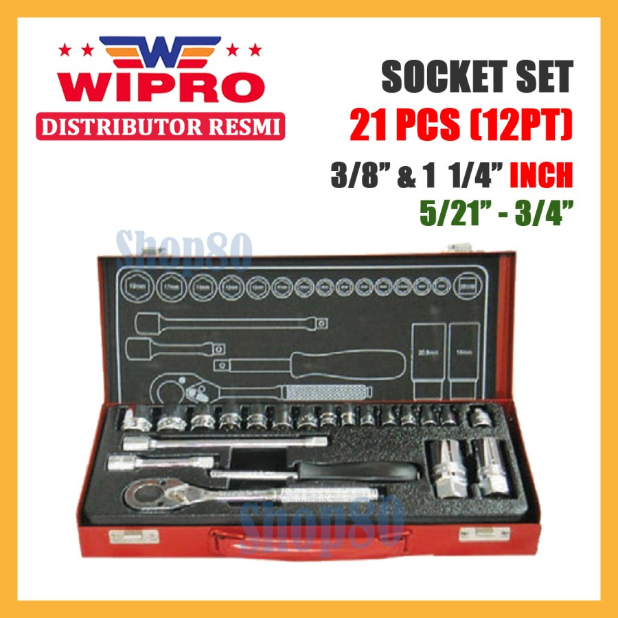 Wipro Mata Kunci Shock 3/8" 1/4" Set 21 pcs Sok Socket Sock 12PT 3/8" 7/16" 15/32" 1/2" 9/16" 11/16"