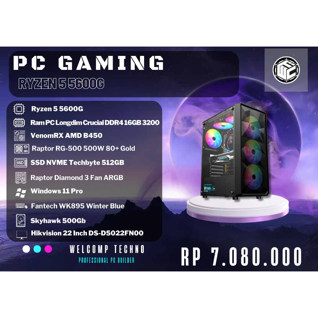 Pc Rakitan Gaming 5600G /16GB (8x2) / NVME 512GB + HDD 500GB / Raptor Diamond
