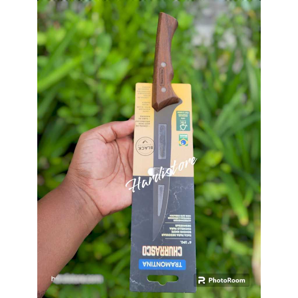 Pisau Boning Daging 15 cm / 6" Tramontina 22840/106 Churrasco Black Stainless Steel Blade, Wood Hand