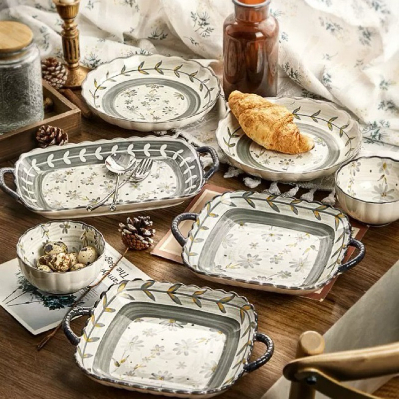 PM 25 SATUAN Piring Mangkok Sendok Set Keramik Motif Black White Flower Mewah Tahan Panas / Piring M