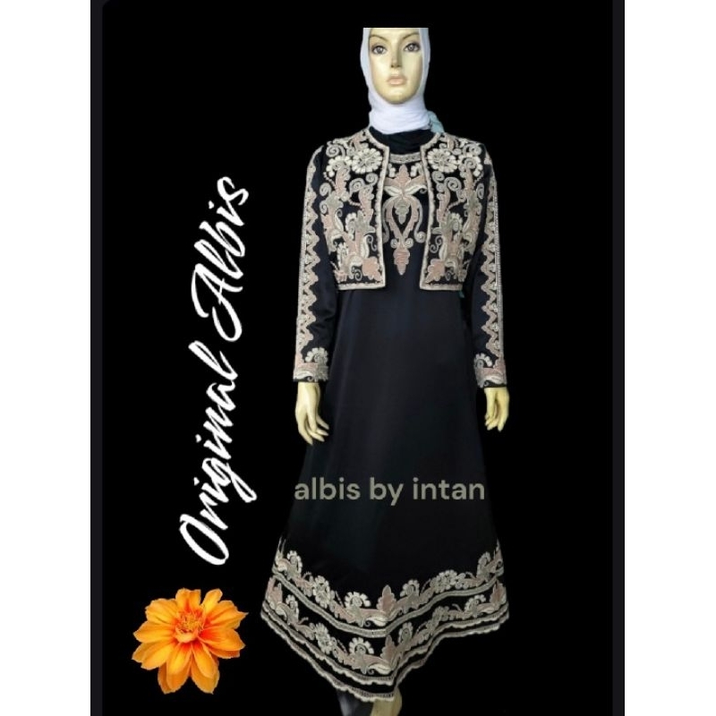 Gamis Albis Cardigan Bordir Timbul Hitam