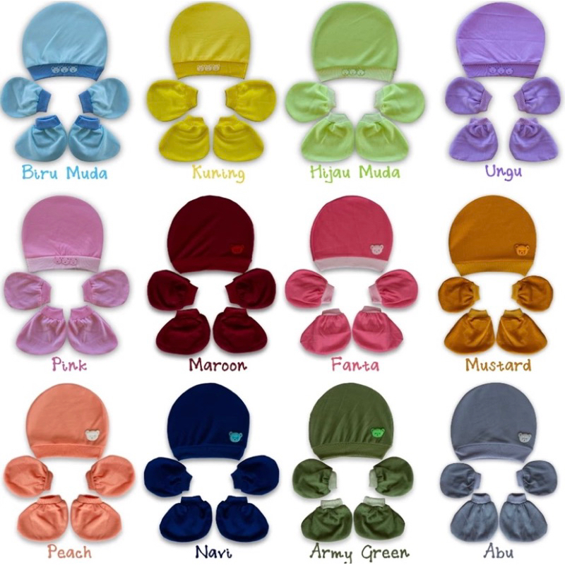 Set Topi Bulat Sarung Tangan Kaos Kaki Bayi Polos Newborn Murah