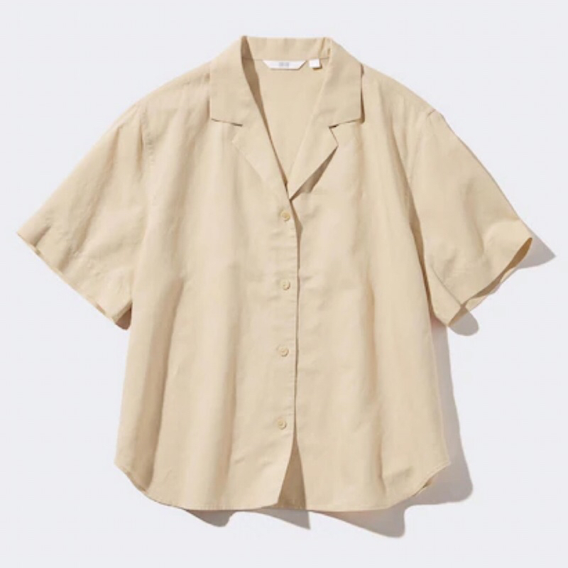 UNIQLO Women Shirt Kemeja Wanita Linen Blend Kerah Terbuka Lengan Pendek