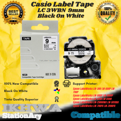 

Compatible Casio Label Tape 9mm Epson LC 3WBN Black On White