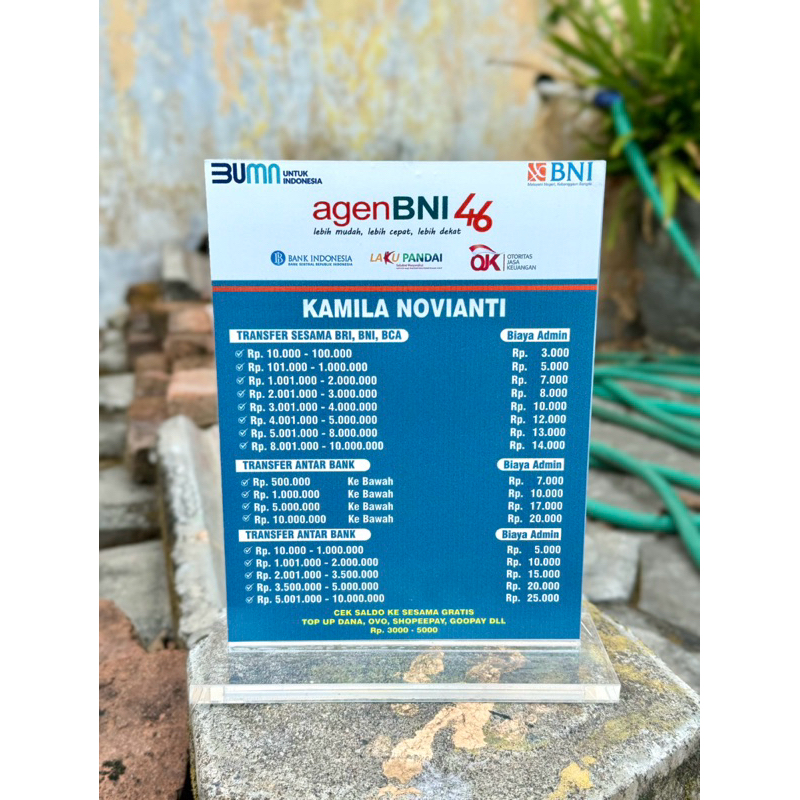 

UKURAN 15x20 BAHAN TEBAL AKRILIK AGEN BANK BNI BIAYA ADMIN BISA CUSTOM