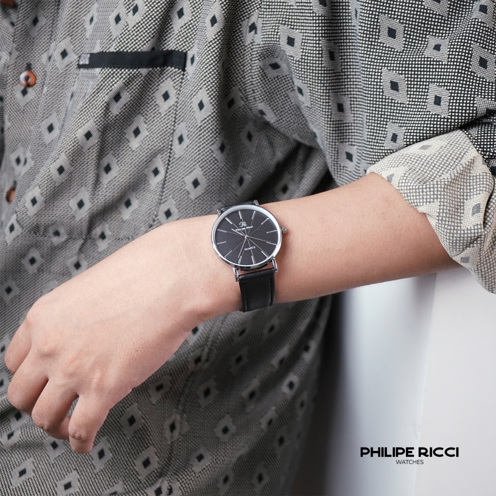 Jam Tangan Pria Kulit Leather Hitam Tipis Simple Keren Analog Quartz 8686G Box Hitam