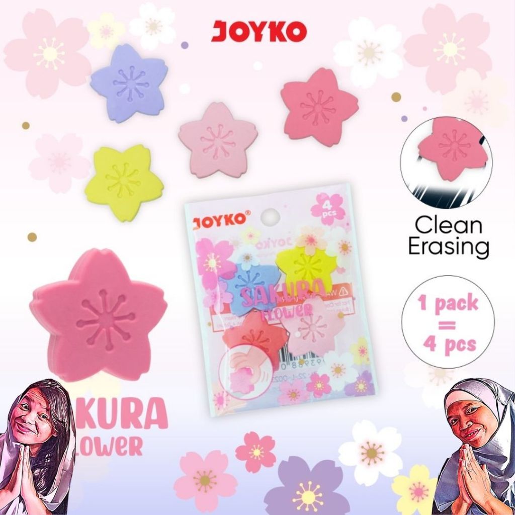 Penghapus Pensil Joyko ER-142 Sakura Flower 1 Pack 4 Pcs - Stip Pensil Joyko - Eraser Joyko