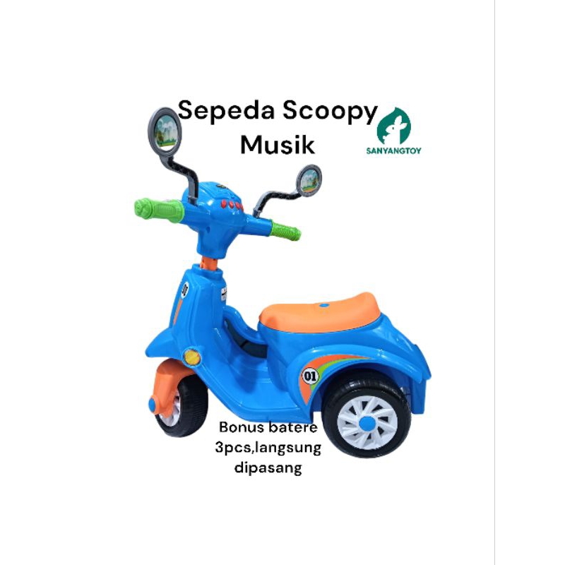 Mainan Anak Sepeda Scoopy Musik LAMPU dan Bonus Baterei