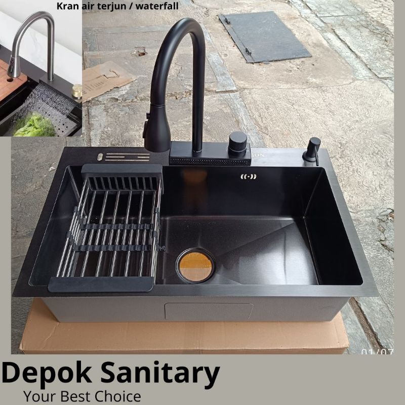 KITCHEN SINK 1 LUBANG BESAR STAINLESS HITAM PLUS KRAN WATERFALL